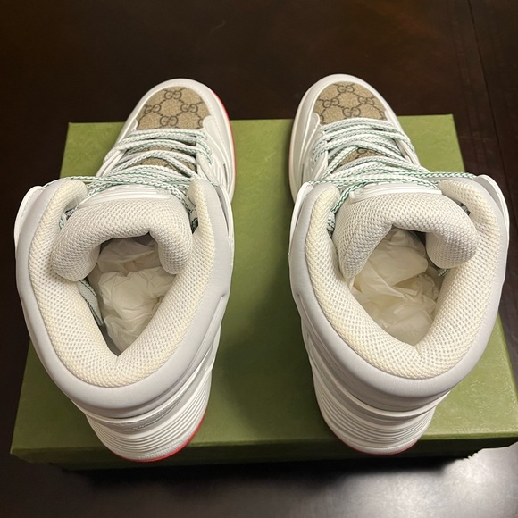 New Gucci High Top GG Supreme Logo White Tan Sneaker Shoes Size UK 10 / US 10.5 - Picture 11 of 15